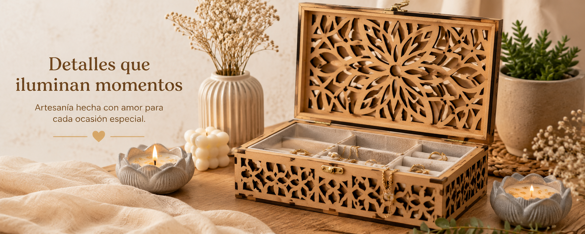 Caja artesanal de madera calada con velas decorativas - Que Bonita Vela